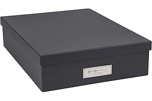 BIGSO BOX OF SWEDEN Bigso Oskar Fiberboard Label Frame Document Letter Box - File Organizer Box for Important Paperwork - Document Storage with a Lid & Metal Label Window - 3.3 in x 10.2 in x 13.8 in - Dark Grey