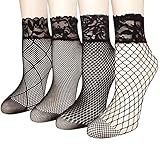 4 Pairs Women's Lace Fishnet Sheer Ankle Dress Socks - Stylish Black