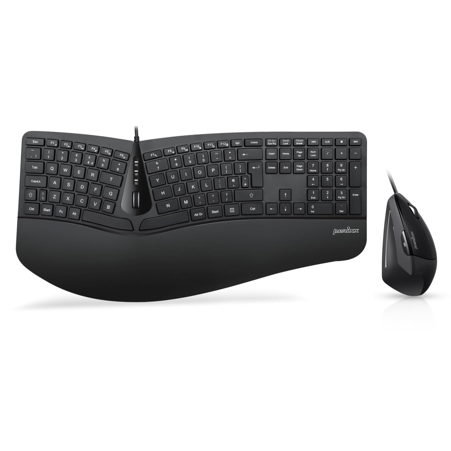 Perixx Periduo-505, Wired Ergonomic Split Keyboard and Vertical Mouse Combo with Adjustable Palm Rest and Membrane Low Profile Keys, UK Layout