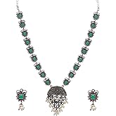 Efulgenz Oxidized Indian Jewelry Sets Indian Oxidized Choker Necklace Earrings Set Antique Boho Crystal Faux Pearl Floral Swamp Deer Pendant Necklace Drop Dangle Earrings Bohemian Statement Jewelry Set for Women