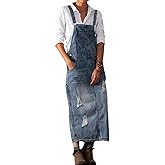 loveimgs Women Distressed Denim Overall Dress Bib Long Jean Jumper Ripped Adjustable Straps Patchwork Pinafore Dress