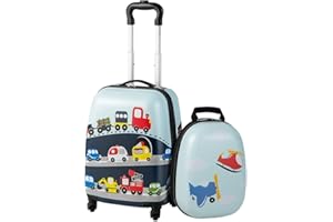 GYMAX Kids Carry On Luggage Set, 12" & 16" 2PCS Rolling Suitcase (Little Airplane)