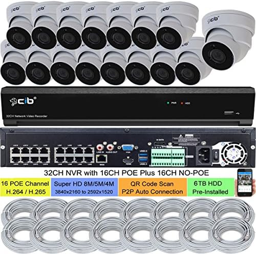 CIB 32CH NVR 8MP/5MP/4MP (3840x2160 to 2592x1520) H.265 16CH POE Plus 16CH NON POE Network Video Recorder, HDMI 4K Output,16x5MP (2592x1944) POE Metal Case Dome Cameras w/ 6TB HDD, VGA Spot Management