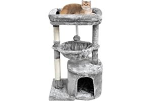 SYANDLVY Small Cat Tree for Indoor Cats, Activity Cat Tower with Scratching Post for Kittens, Modern Cat Furniture with Basket & Hanging Ball for Play Rest, Grey