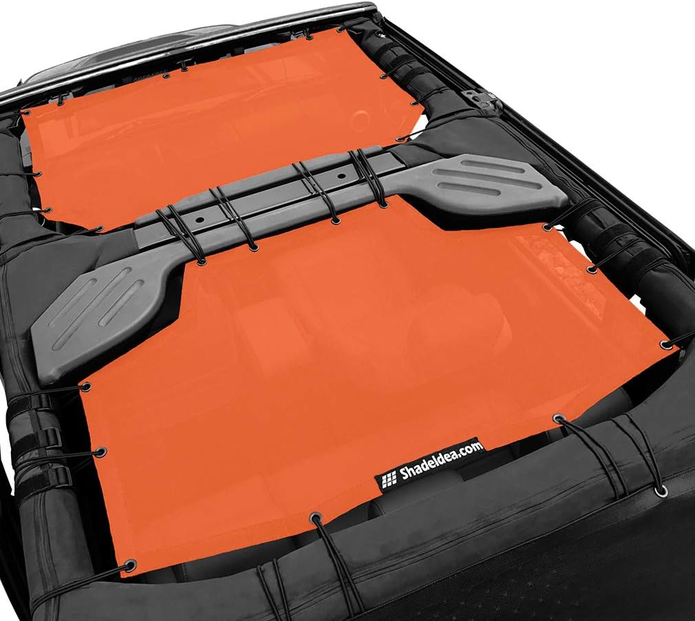 Shadeidea JK Sun Shade Top Compatible with Jeep Wrangler JKU Top Sunshade Soft Mesh Roof Cover (2007-2018)- Wind Noise UV Blocker -10 Year Warranty -4 Door -Orange -Front&Rear (2 pcs)