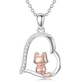 LWXIE Diamond Fox Necklace 925 Sterling Silver Heart Fox Pendant Necklace with Lab Grown Diamonds Cute Animal Jewelry Gift for Women