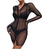 SHENHE Women's Sheer Mesh Dress Long Sleeve Bodycon See Through Sexy Date Night Mini Dress