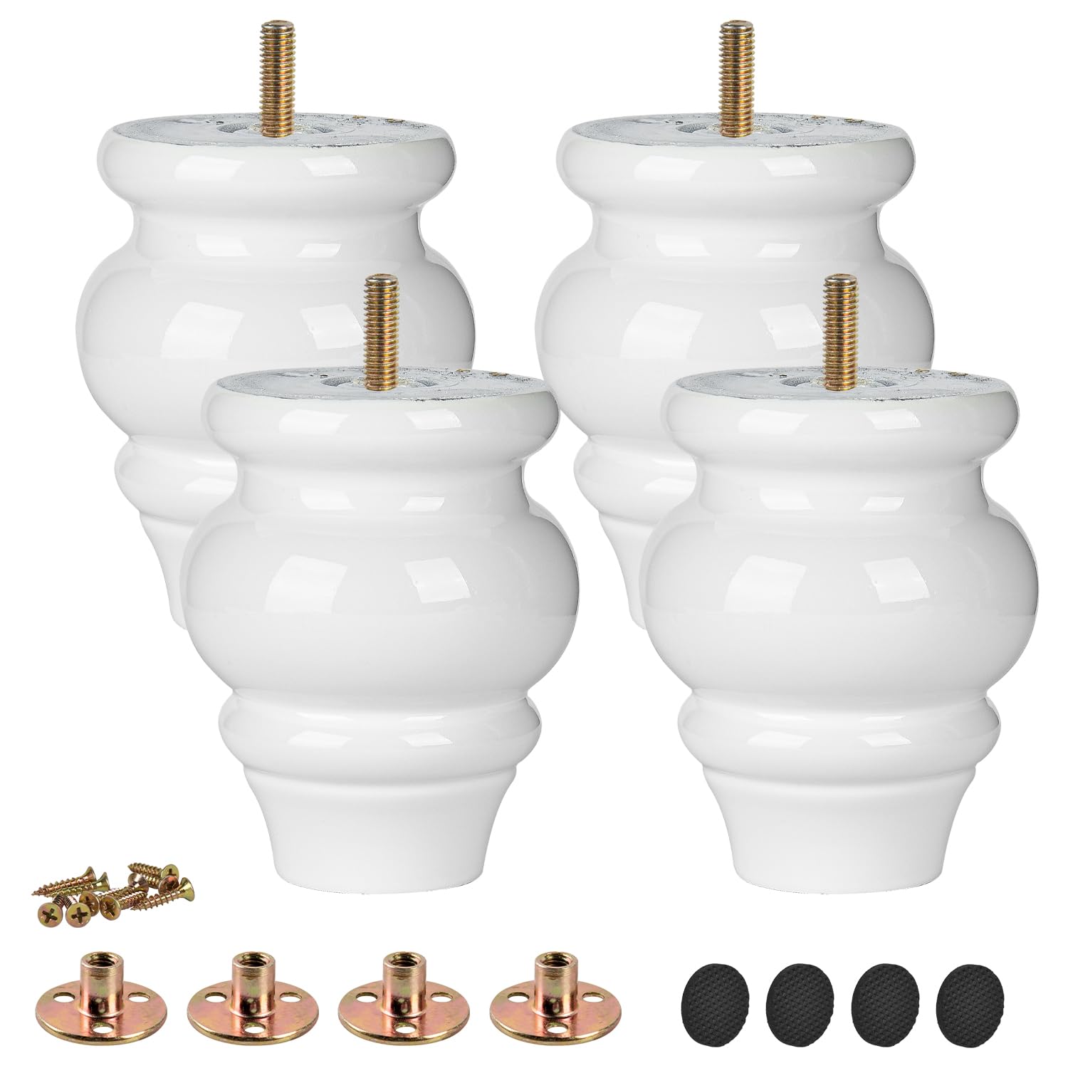 TCHOSUZ 4 inch / 9cm Wooden Furniture Legs, Pack of 4 White Solid Wood Turned DIY Replacement Bun Feet with M8 Hanger Bolts & T-Nuts or Sofa Couch Cabinet Recliner Ottoman Riser