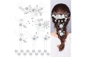 Cinaci 18 Pieces Bridal Wedding Party Prom Pearl Rhinestone White Flower Hair Side Combs Slides+U-shaped Flower Hair Pins+Twist Spiral Hairpins Floral Headpieces for Brides Bridesmaids Women Girls