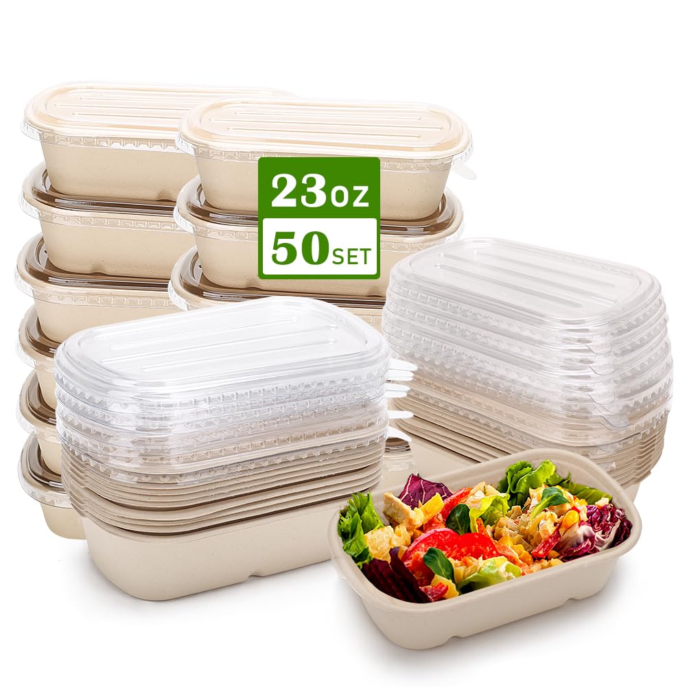 Photo 1 of Aksipo 50 Pack 23 Oz Disposable Meal Prep Containers with Lids, Rectangle Paper Bowls with Lids for Salad,Leftovers, Leak-proof To Go Food Box Cardboard Lunch Box Compostable Take Out Food Containers