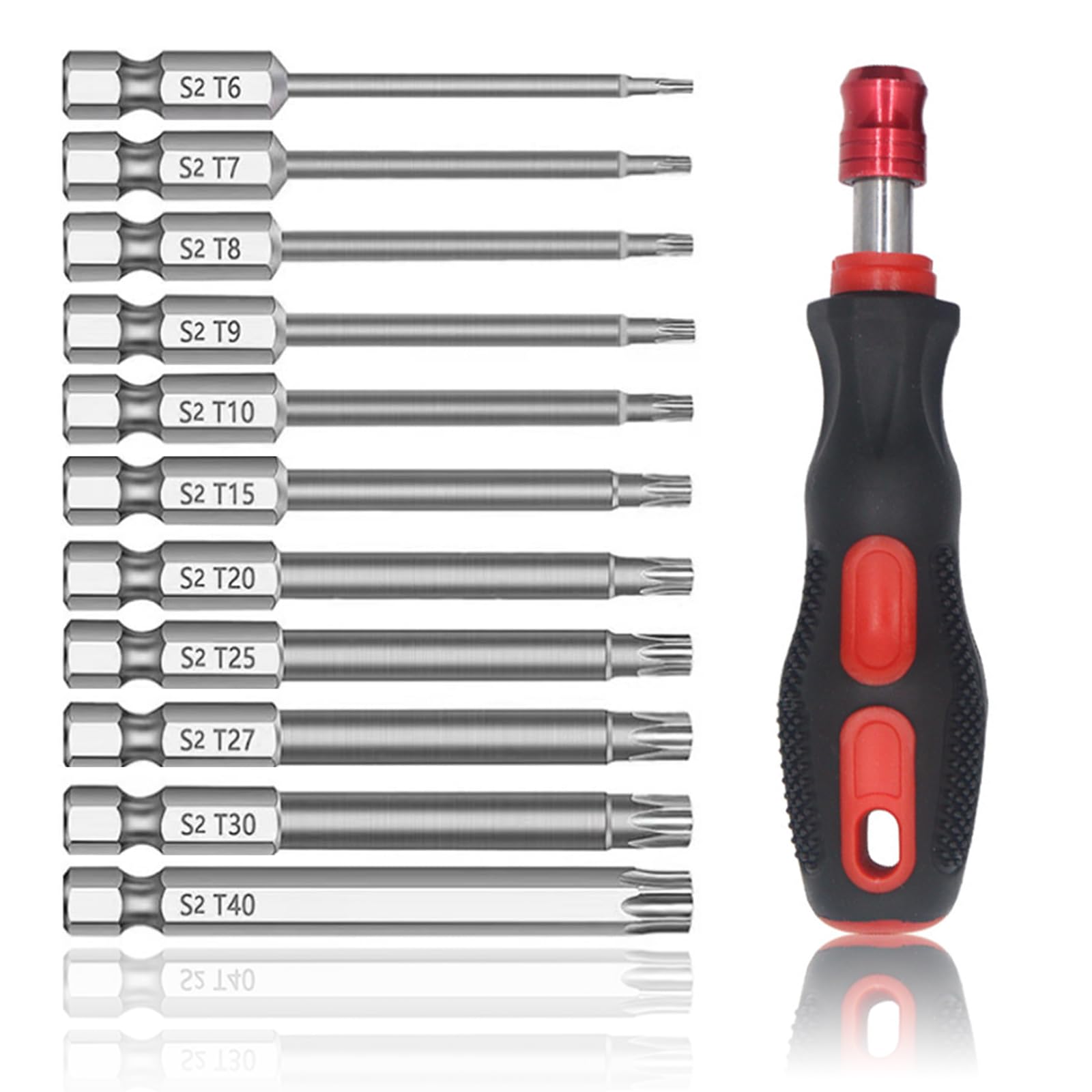 Torx Bit Set, 100mm Torx Screwdriver Bit Sets 11pcs T6-T40 Security Torx Bit Set with Magnetic Screwdriver Handle 1/4 Inch S2 Steel Star Magnetic Screwdrivers Drill Bits Tool