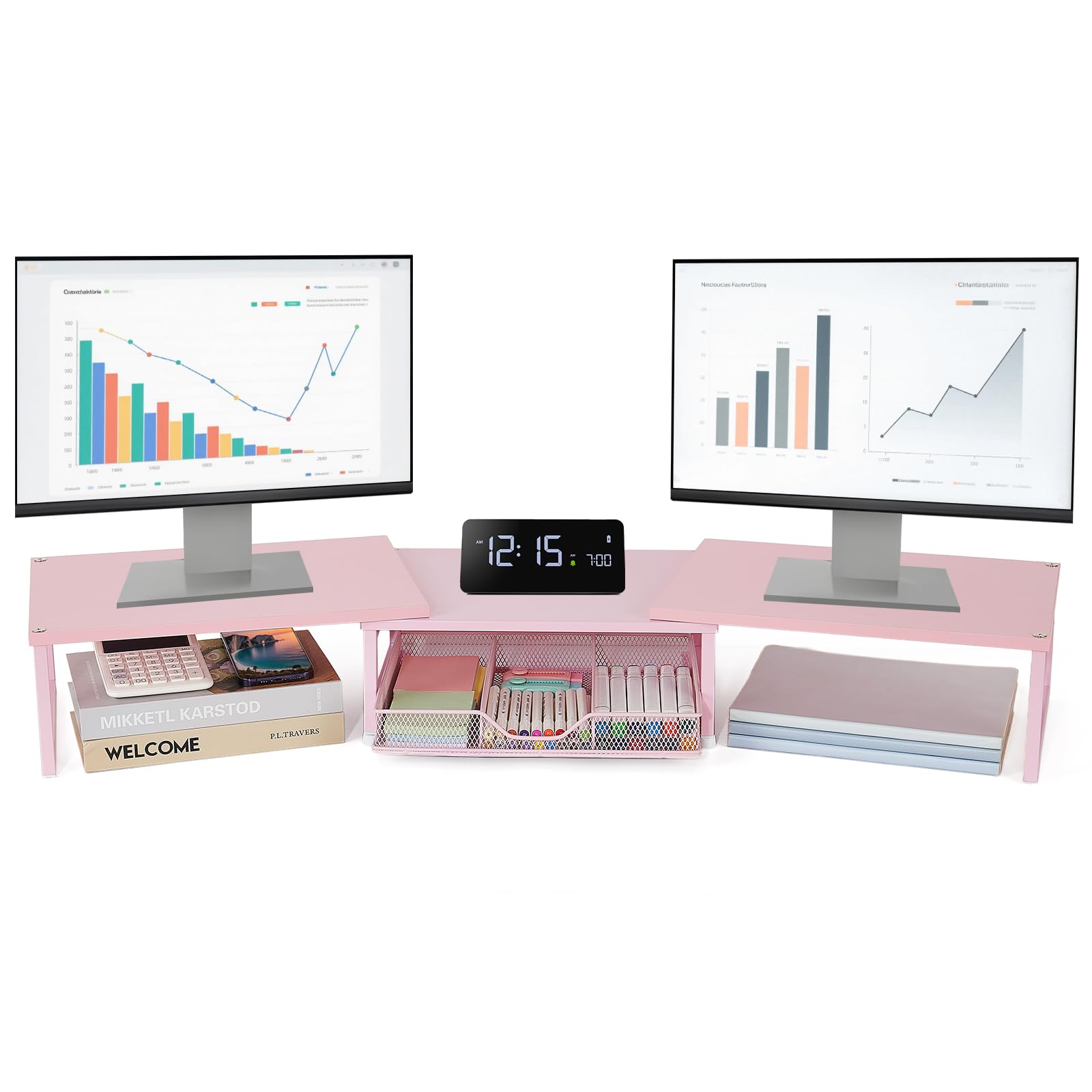 Photo 1 of OPNICE Dual Monitor Stand Riser, Desk Organizer with Drawer, Office Desk Organizers and Accessories, Office Workspace Organization Computer Monitor Stand for Laptop, Printer, TV?Pink?