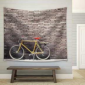 Retro Bicycle on Roadside with Vintage Brick Wall Background - Fabric Wall Tapestry Home Decor - 51x60 inches