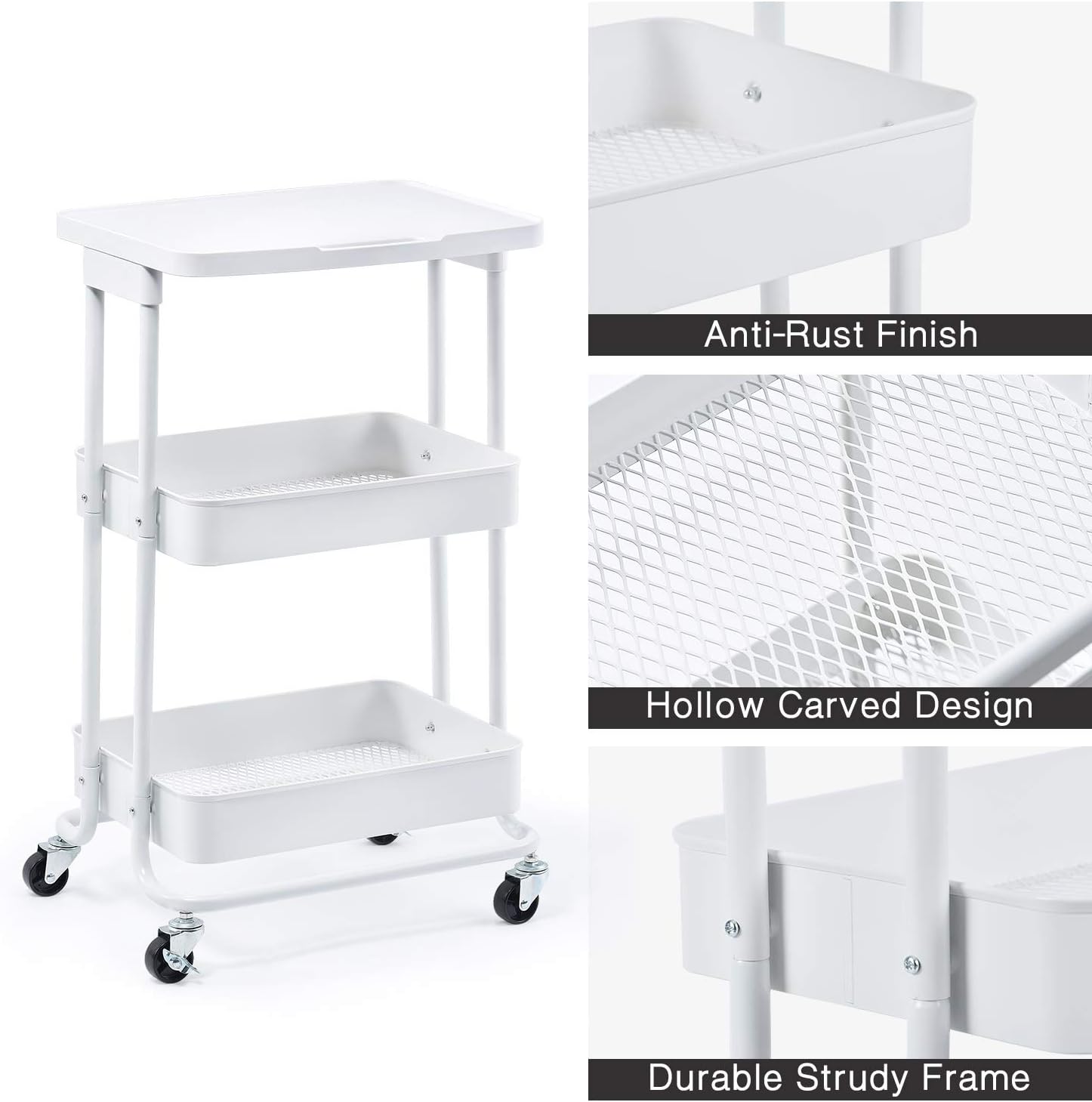 TOOLF 3-Tier Metal Rolling Storage Cart with Practical Tabletop, 3-Tier Metal Serving Rolling Cart with Contral Handle,Trolley Organizer with Locking Wheels for Library Office Classroom Home Dedroom: Kitchen & Dining
