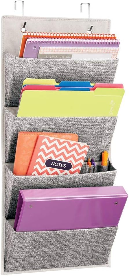 mDesign Soft Fabric Wall Mount, Over Door Hanging Storage Organizer - 4 Large Cascading Pockets - Holds Office Supplies, Planners, File Folders, Notebooks - Textured Print - Charcoal Gray : Office Products