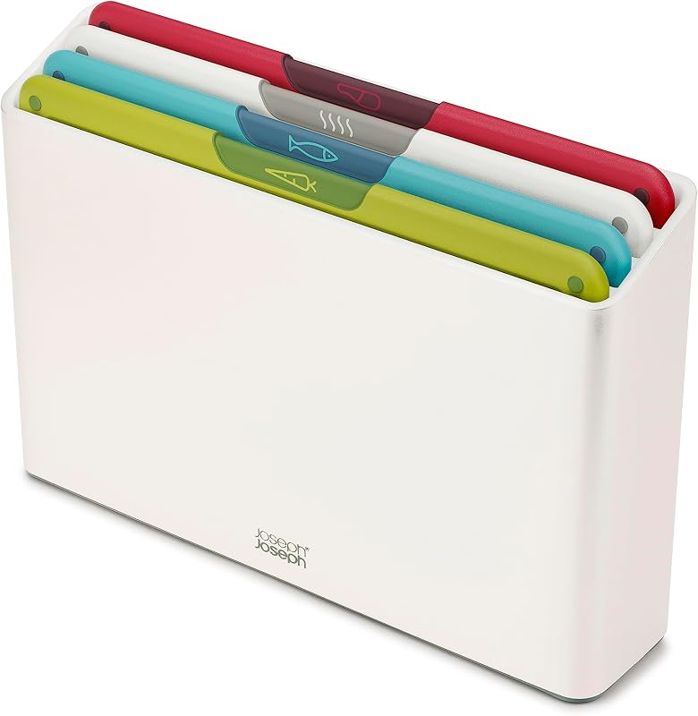 Tábuas de corte antiderrapantes com ícone folio, codificadas por cores, 4 peças, com caixa de arrumação, média, branca