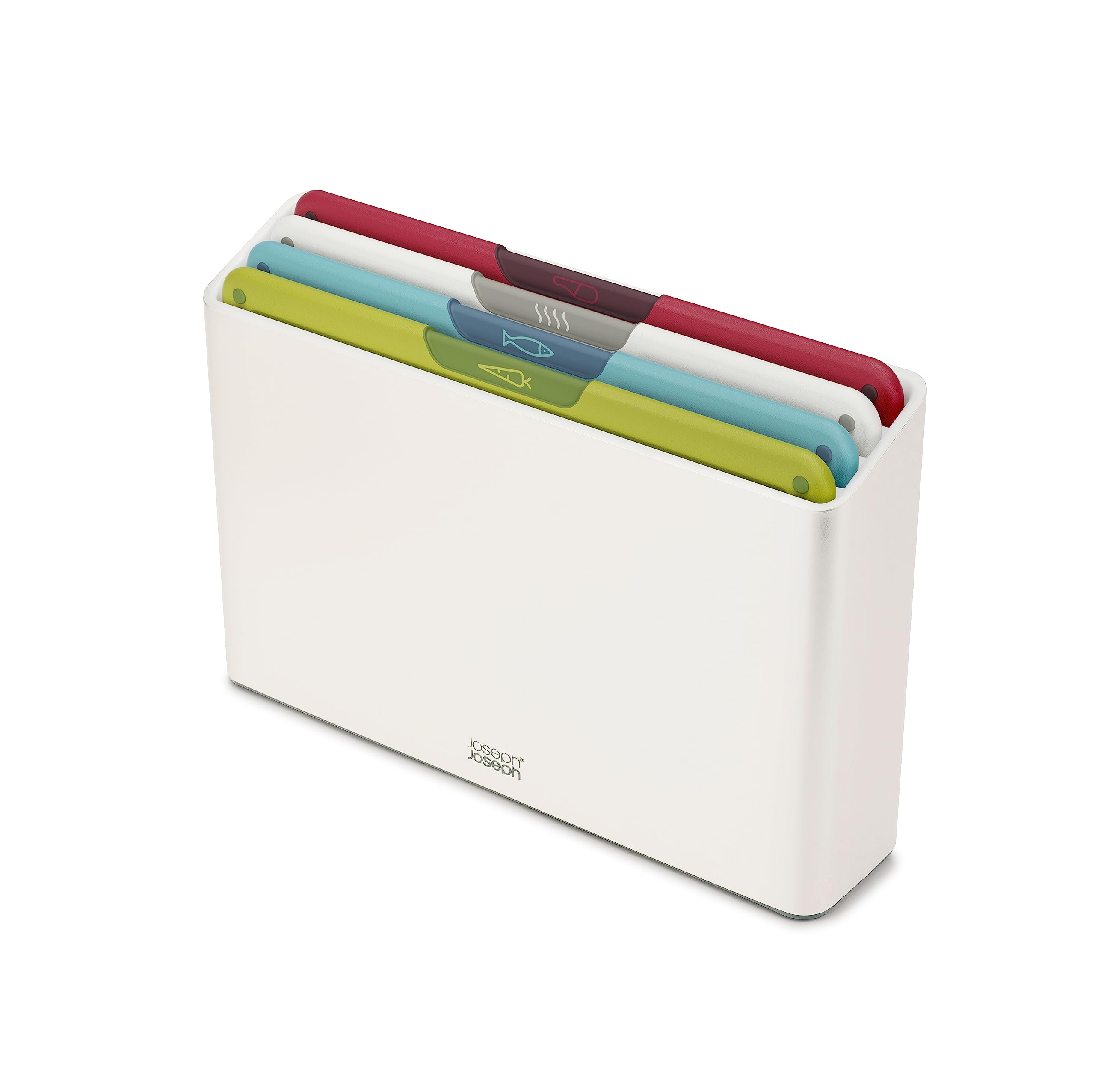 Joseph Joseph Folio Icon, 4-Piece Colour Coded Chopping Board Set, Slimline Case for Organised Kitchen Storage - Regular, White