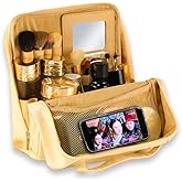 Geelraqaly standing makeup bag, Women's Large Capacity Foldable Magnetic Travel Makeup Storage Bag, waterproof pu leather Portable Open makeup bag with dividers and Mirror,beige