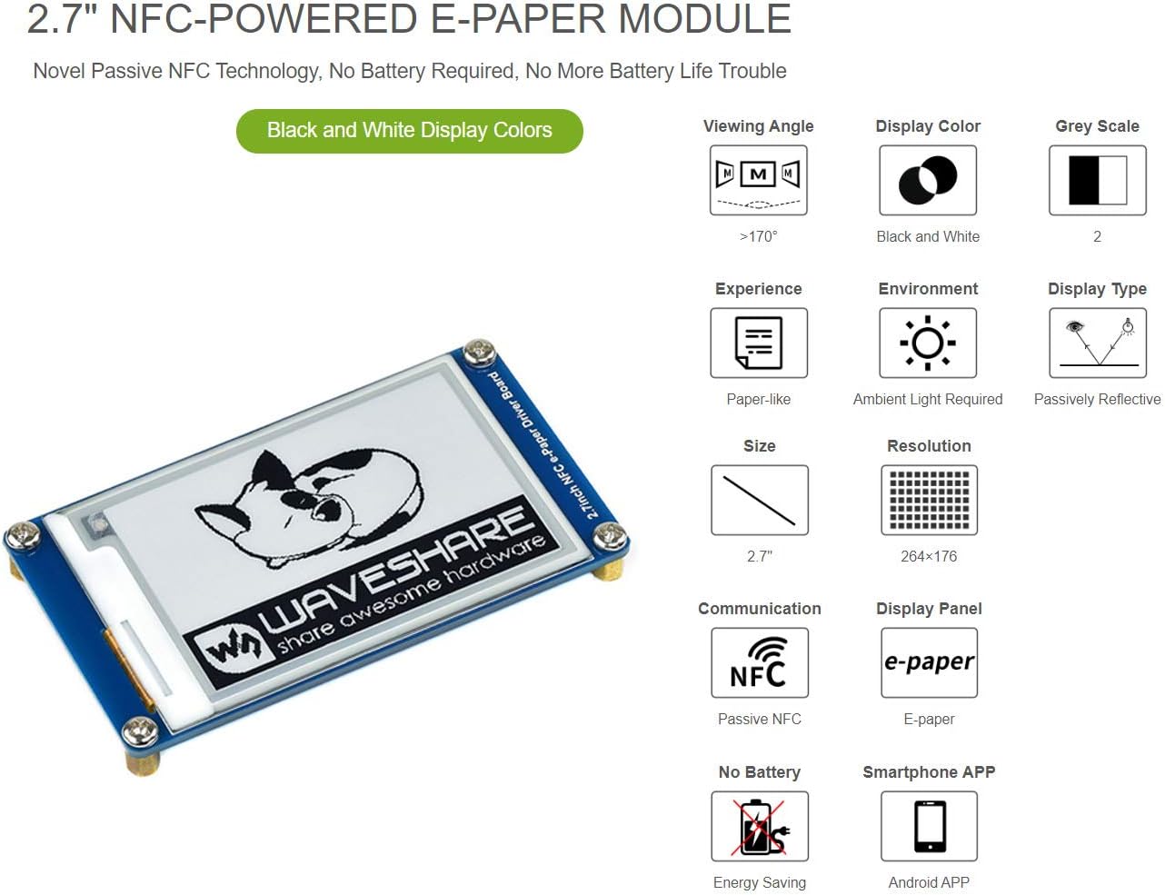 Waveshare 2.7inch Passive NFC-Powered E-Paper Module, Wireless Powering & Data Transfer, Black White, 264x176 Pixels - Image 4