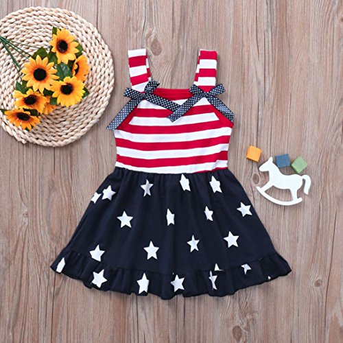 Minisoya Toddler Kids Baby Girls 4th of July Outfit Princess Beach Sundress Cute Bowknot Stars Striped Straps Dress (Blue, 24M)