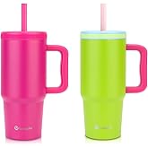 Luxgola Kids 24oz Tumbler with Handle, Leak-Proof Screw-On Lid with Removable Silicone Straw, Spill Proof, Reusable Stainless Steel Insulated Bottle, Gift for Boys Girls Adults, Rose Red&Green, 2Pcs