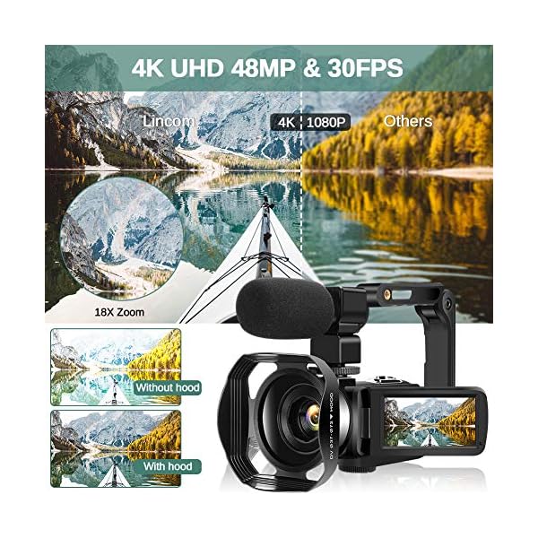 Videokamera 4K Video Camcorder 48MP Videokamera mit Mikrofon mit Handheld und Haube – Bild 4