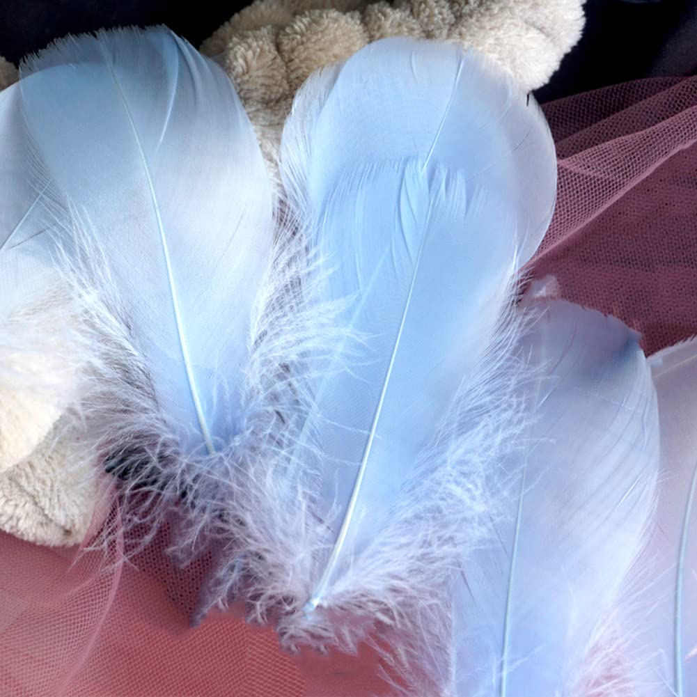 Photo 1 of 100 Pieces Sky Blue Natural Goose Craft Feathers Bulk, Colorful Small Goose Feathers for Holloween Costumes Thanksgiving Mask DIY Cosplay Crafts Projects Decor
