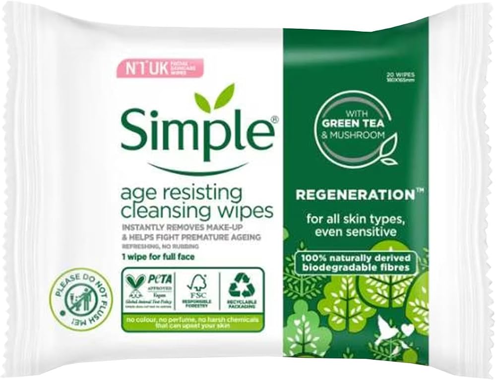 Simple Regeneration Age Resisting Biodegradable Facial Wipes 20pk Sensitive