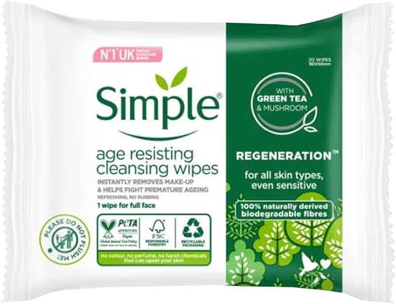 Simple Regeneration Age Resisting Biodegradable Facial Wipes 20pk Sensitive