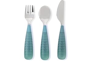 NumNum Toddler Utensils Set, 4th Stage Kids Silverware for 2+ Years, Pre-Spoon, Fork, Spoon & Knife GOOtensils with Stainless Steel Heads, BPA-Free Silicone Toddler Feeding Essentials, 3-Pack Green
