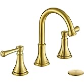 TimeArrow Brushed Gold 8 inch Widespread Bathroom Sink Faucet 3 Holes with Pop-Up Drain, 2 Handle Modern Bathroom/Vanity/Lavatory Faucet with Brass 360° Swivel Spout, TAF830Y-PB