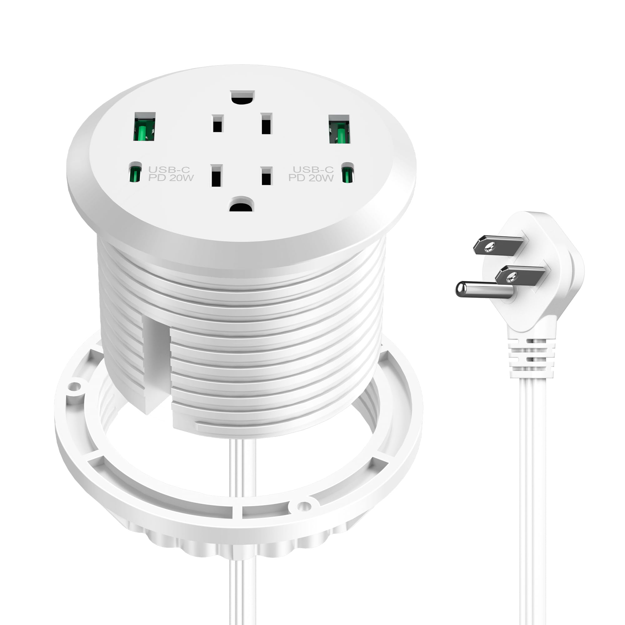 Photo 1 of 3 inch Desktop Power Grommet with PD 20W USB C,Furniture Recessed Power Strip,2 Outlets,4 USB Ports,40W Total,Flush-Mount for Desktop, Workspace Essential Desk Outlet (White, 3 FT Cable)
