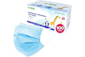 G-BOX Kids Face Masks, Children's Face Masks Disposable, 3-Layer, Cute Cartoon Patterns (100 pcs) (Plain Blue)