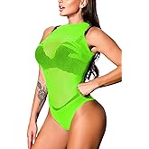 ShawGobow sexy rave outfits for women,one piece thong fishnet bodysuit,halter sheer mesh top night club festival