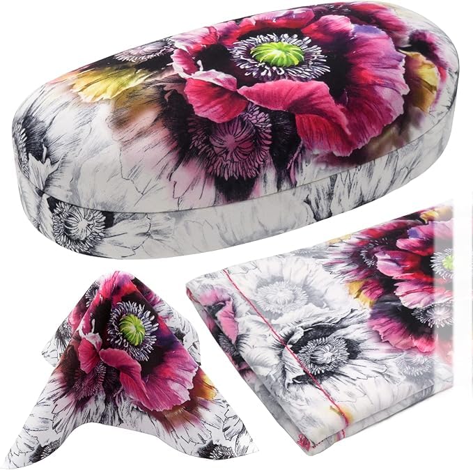 Photo 1 of Women's Sunglasses Case & Soft Glasses Pouch in Microfiber floral print - Medium to Large Eyeglass Case & Readers Pouch - Pouch & Cloth (AS113 Poppy)