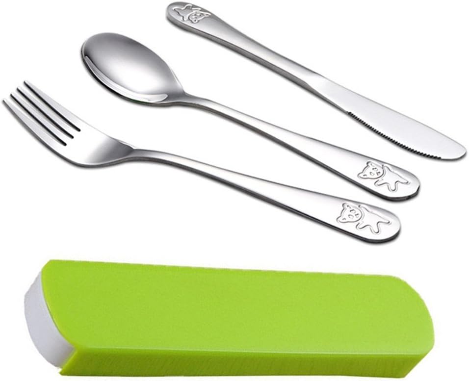 Camping Cutlery Set 3 Pieces Stainless Steel Reusable Cutlery Travel Tableware Set with Blue Case (Green)