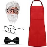 TaoBary 5 Pcs Halloween Chef Costume, Red Apron White Wig Beard Eyebrows Glasses Bow Tie for Fancy Costume
