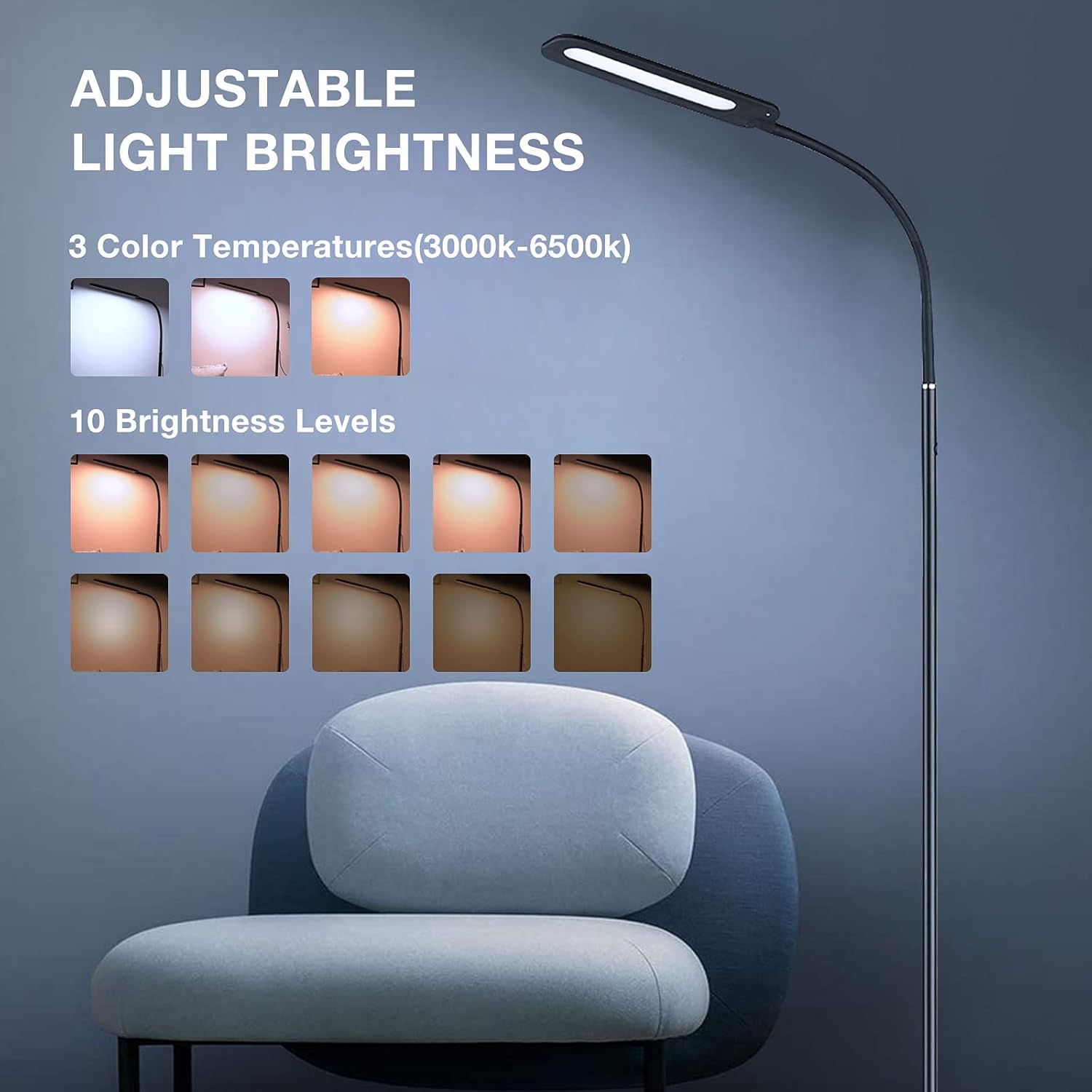ALongDeng LED Floor Lamp with Adjustable Gooseneck, Height Adjustable Modern Standing Lamp, 10 Brightness Levels & 3 Color Temperatures, 14W Dimmable Reading Lamps for Bedroom Office Living Room Piano: Home Improvement