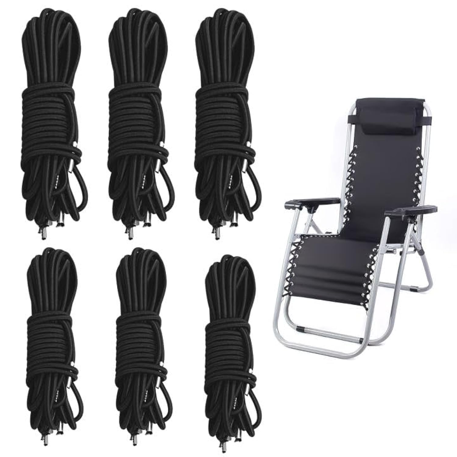 XNIVUIS 6 Pcs Replacement Elastic Cords, Gravity Chair Repair Cord Replacement Cord for Zero Gravity Chair, Elastic Cords Repair Cords Repair Tool Kit for Sunloungers Garden Lounger Deck Chair (Black)