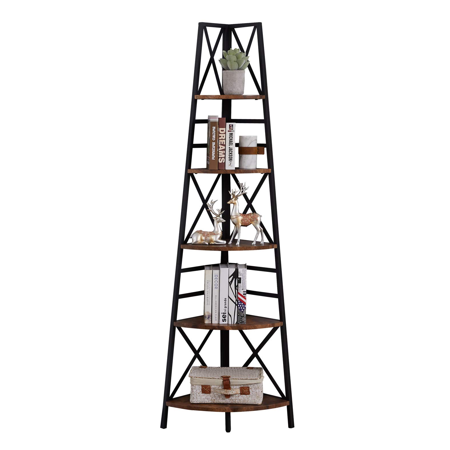 Hombazaar 5-Tier Industrial Corner Bookshelf, Vintage Wood Look Accent with Metal Frame Etagere Bookcase, Freestanding Tall Ladder Shelf Display Organizer Home Office, Rustic Brown Finish