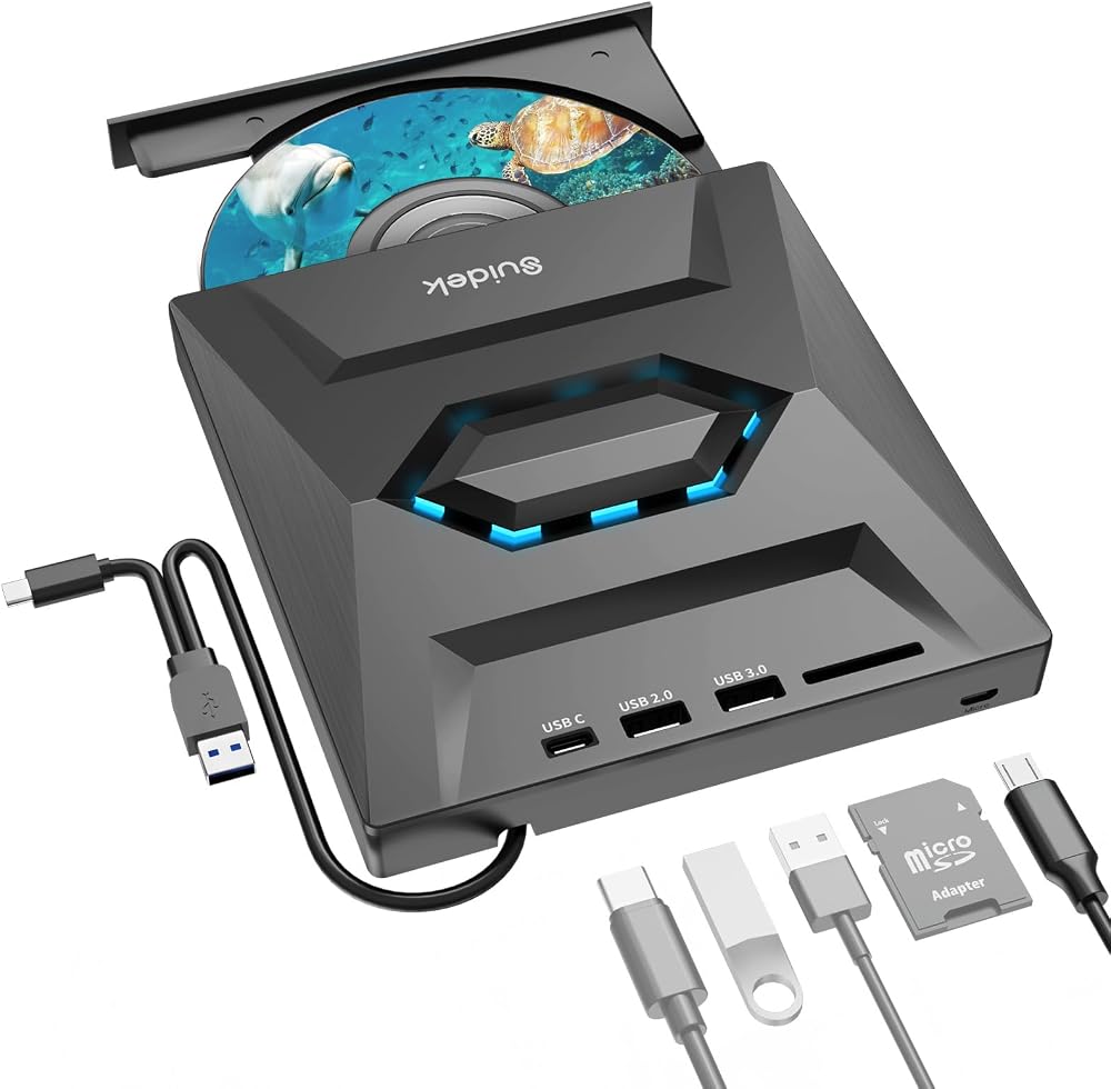 SUIDEK USB C DVD Drive 5in1 CD Player SD Card Reader USB 3.0 Hub Portable
