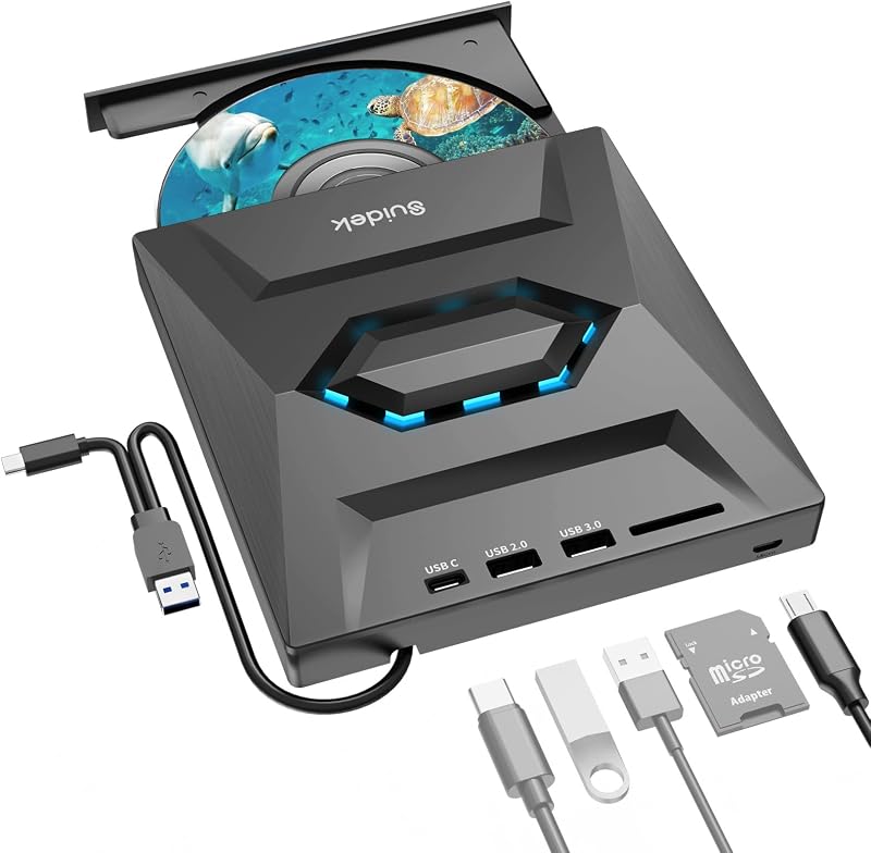 SUIDEK USB C DVD Drive 5in1 CD Player SD Card Reader USB 3.0 Hub Portable