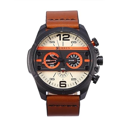 Men Analog Military Watch with PU Leather Band 3 Dials Display Waterproof Quartz Watch Wristwatch (#-Black Yellow)