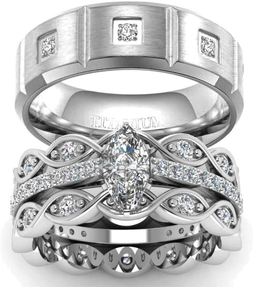 wedding ring set Two Rings His Hers Couples Matching Rings Women's 3pc White Gold Filled CZ Wedding Engagement Ring Bridal Sets Men's Titanium Wedding Band