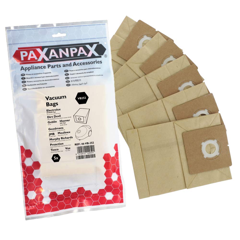 Paxanpax VB252 Compatible Paper Bags Goblin Ace 461; Hoover 'H55' Studio; Electrolux 'E67/E67N' Mini Mite & Superlite; Morphy Richards Compact, Jazz, Jive, Sonic Series (Pack of 5)