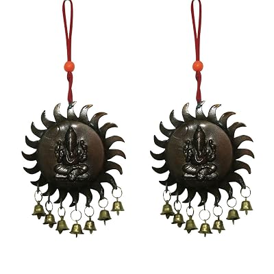 Divya Mantra Amulet for Car Rear View Mirror Decor Ornament AccessoriesGood Luck Charm Vastu Ganesha with Bells Interior Wall Hanging Showpiece - Brown, Set of 2