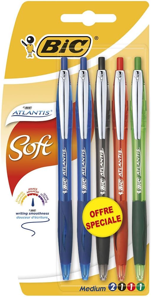 Atlantis Soft BIC Ballpoint pens - Matching Colours, Blister of 5, multicolored, 1 count (Pack of 5)