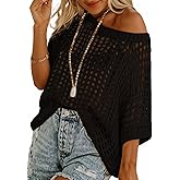 ATHMILE Womens Short Sleeve Sweaters Scoop Neck Summer Beach Cover up Casual Crochet Hollow Out Knit Tops Pullover Shirts