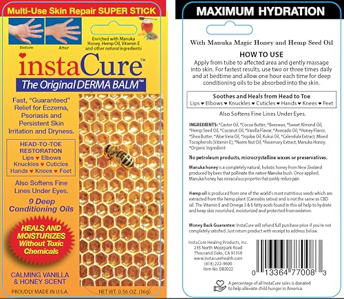 INSTACURE Original Derma Balm Jumbo-Sized Skin Repair Stick w/Manuka Honey. Eczema, Psoriasis Dry Skin Relief. Revive Knuckles Cuticles Lips Hands Knees & Feet. All Natural (2-Pack)