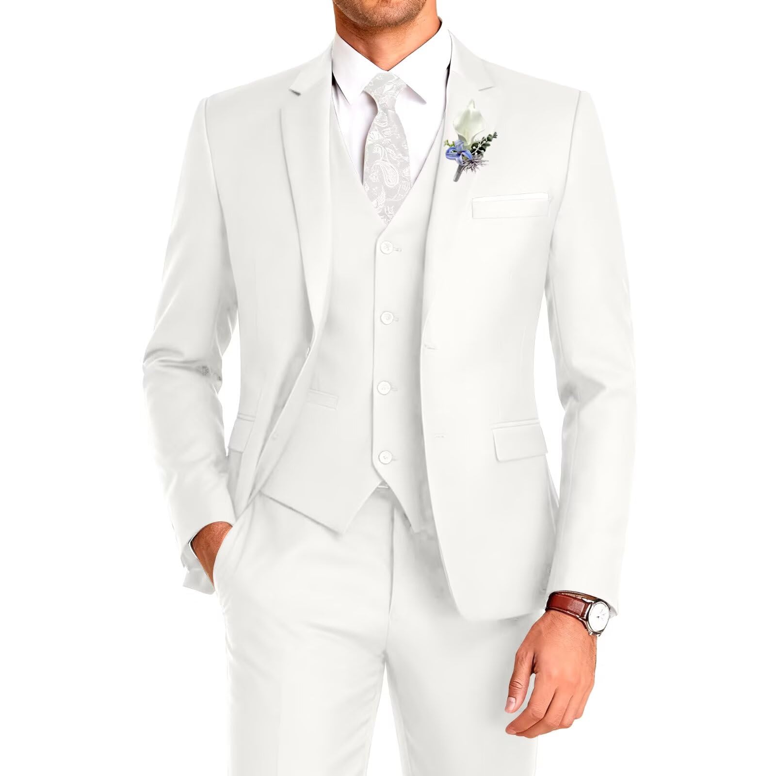 Photo 1 of Men's 3-Pieces Suit Slim Fit 2 Button Wedding Dress Suit for Men Homecoming Prom Suit Blazer Jacket Vest Pants&Tie IV XXL Ivory
